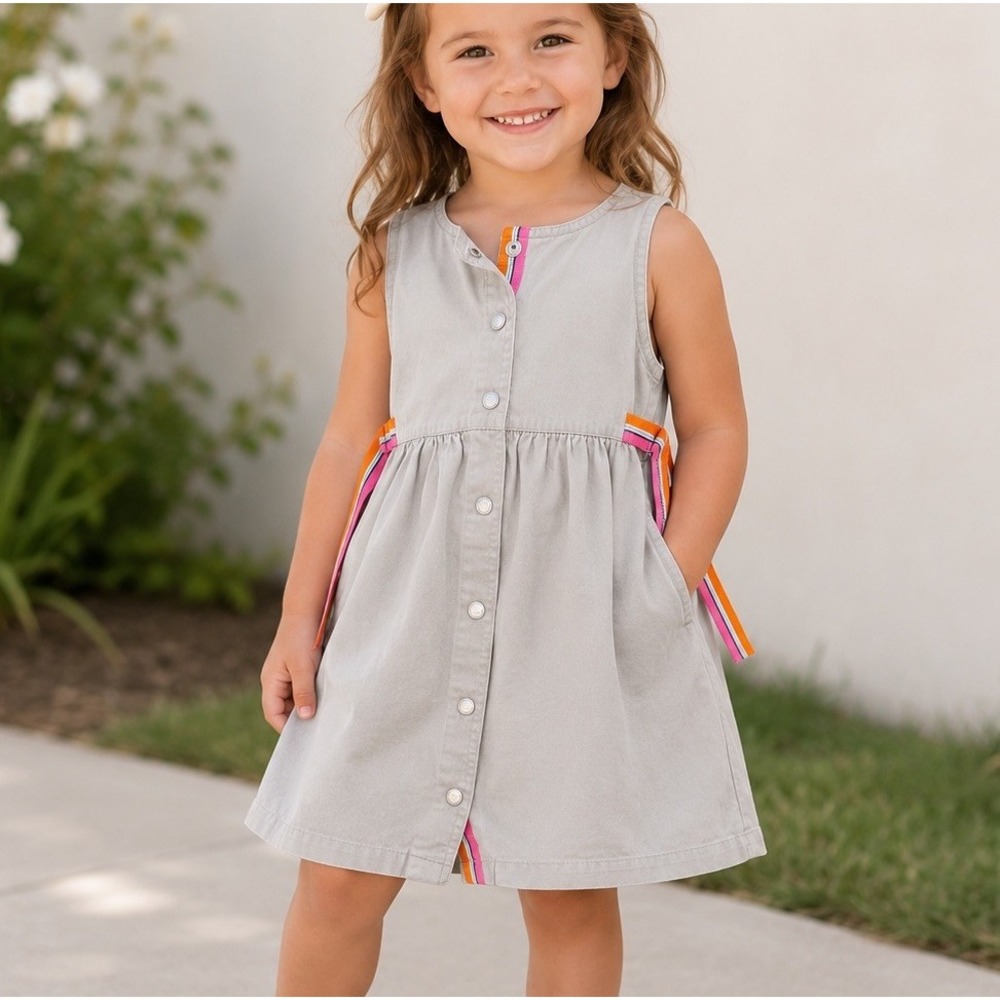 Ralph Lauren Girls Jumper Dress 4T Full Button Front Toddler Beige Cotton EUC!